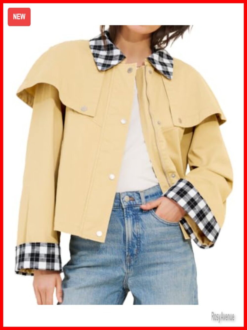 Womens Cropped Cape Trench Coat Lightweight Gingham Trim Jacket